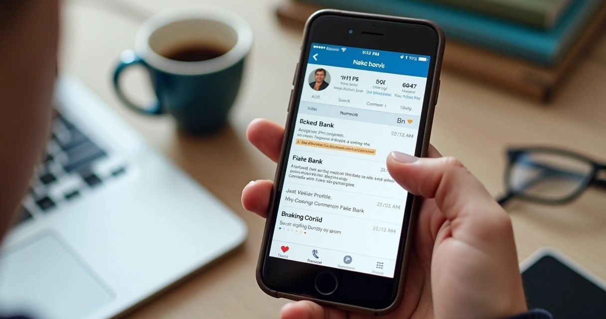 Celular mostrando perfil falso de banco em rede social