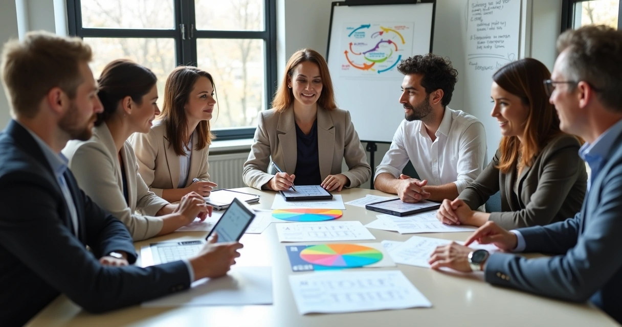 Equipe de colaboradores em reunião, analisando gráficos de perfil comportamental