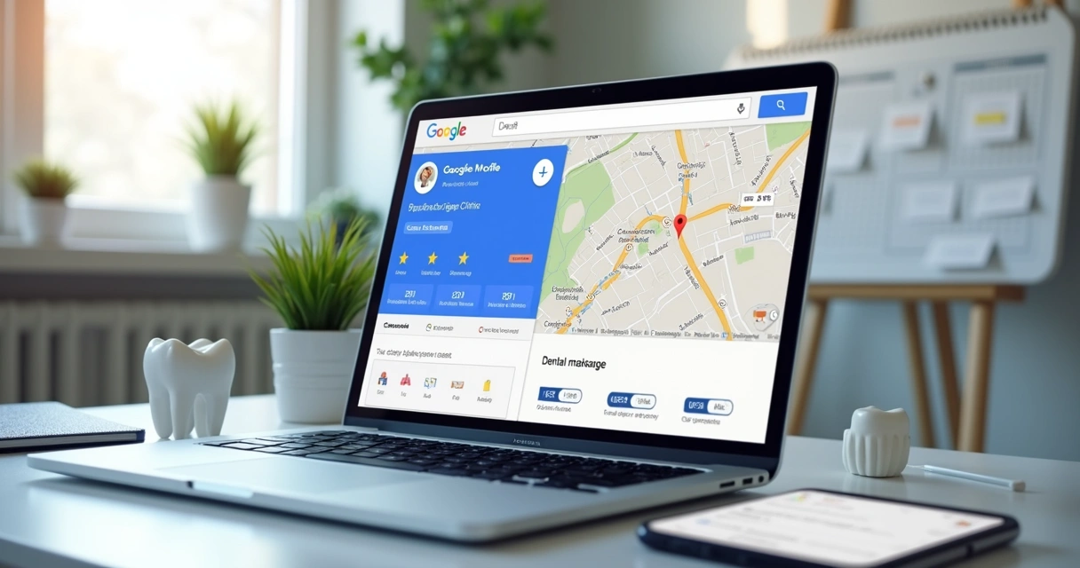 Perfil de clínica odontológica no Google Maps em tela de notebook