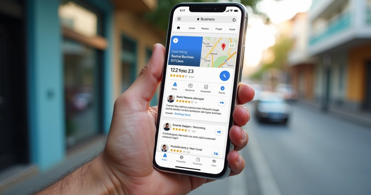Tela de perfil de clínica no Google com avaliações e mapa local 
