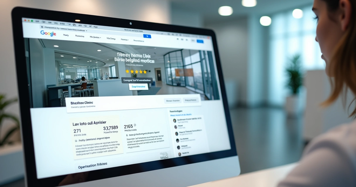 Página de perfil do Google de uma clínica médica com avaliações e fotos em destaque. 
