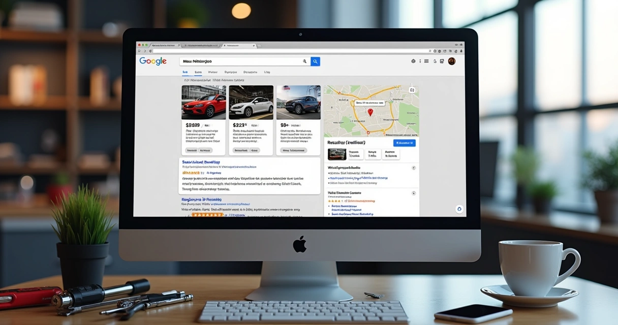 Computador com tela mostrando perfil do Google Meu Negócio de oficina mecânica com fotos, avaliações e mapa 