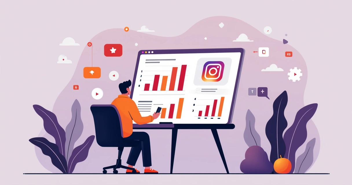 Ilustração de pessoa analisando gráficos em tela com logo do Instagram 