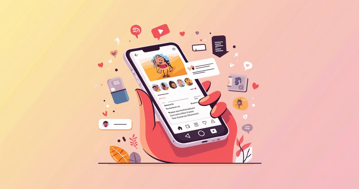 A tela de um smartphone mostra um perfil do Instagram com interações, corações e dicas de bem-estar.