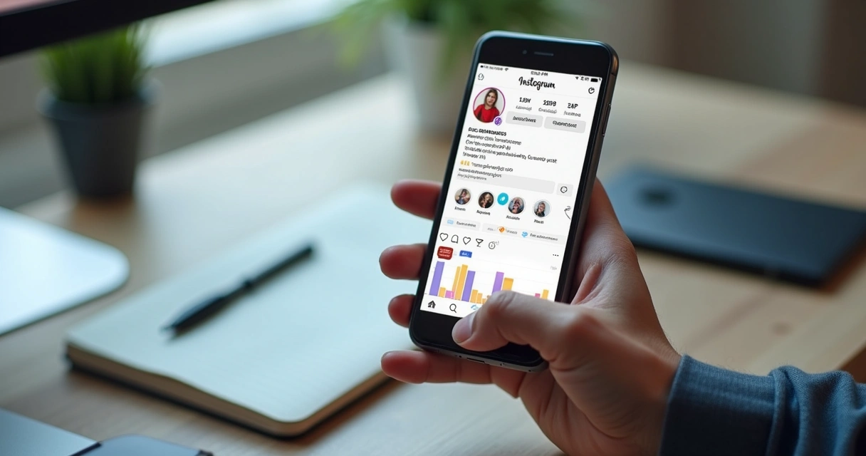 Perfil de Instagram aberto em smartphone exibindo múltiplos links na bio e gráficos de acesso 