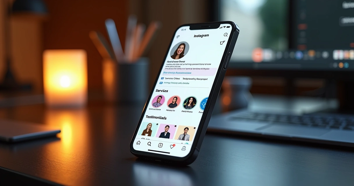 Perfil de Instagram com foto pessoal, biografia otimizada e destaques organizados como loja digital 