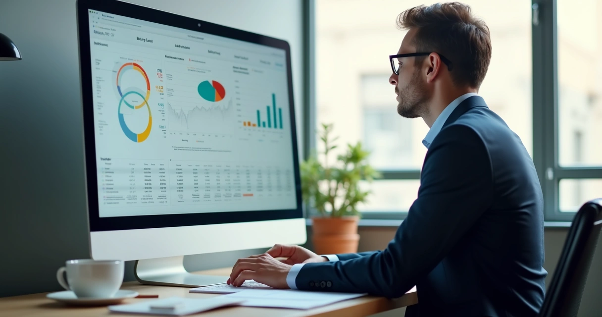 Consultor analisando perfil de investidor em computador com gráficos