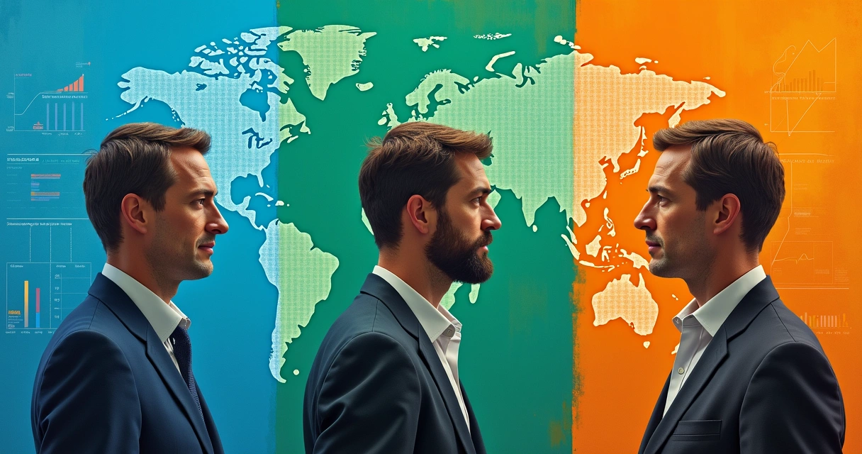 Três personagens representando diferentes perfis de investidor com gráficos e mapas 