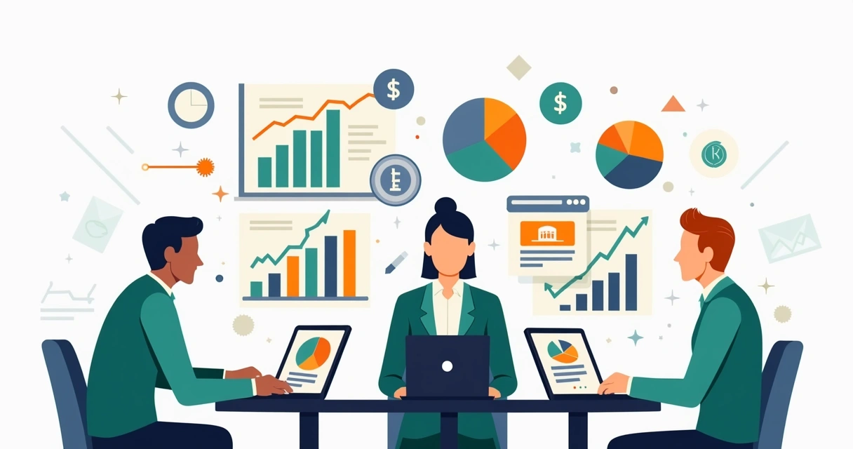 Ilustração corporativa de três investidores com perfis diferentes analisando gráficos financeiros coloridos e diversas opções de investimento ao redor 