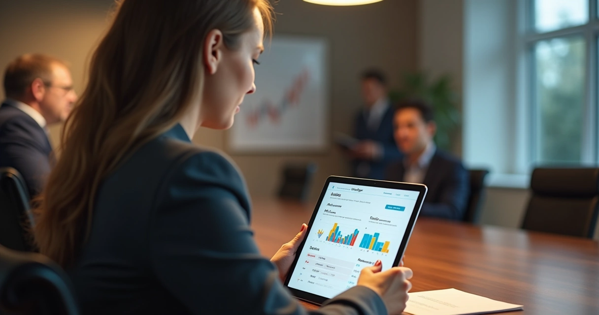 Mulher preenchendo questionário em tablet com gráficos de investimentos ao fundo 