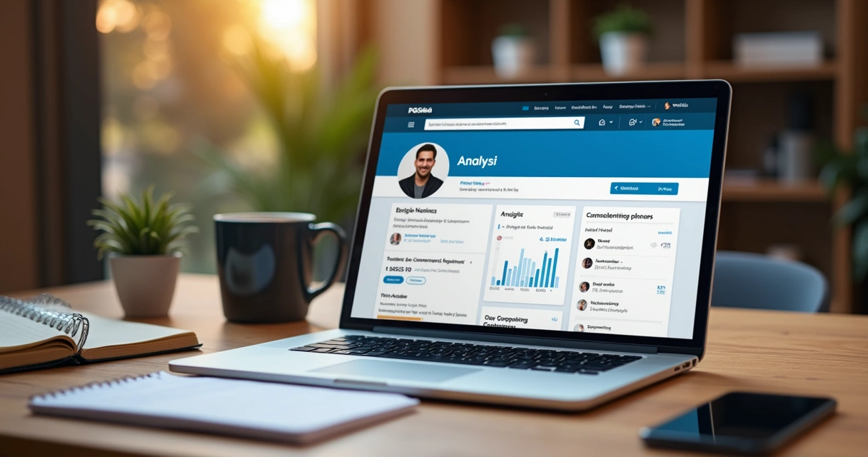 Perfil de analista no LinkedIn aberto em notebook 