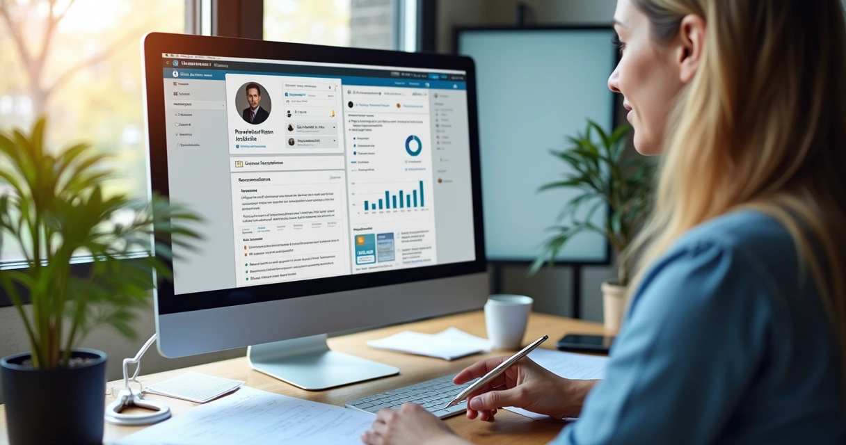 Profissional revisando informações no LinkedIn com gráficos de atualização 