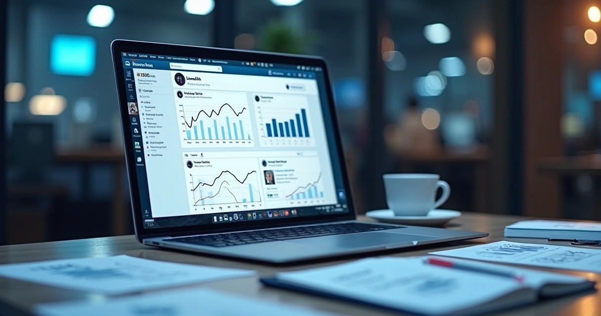 Perfil de LinkedIn aberto em notebook mostrando gráficos de engajamento e crescimento de seguidores 