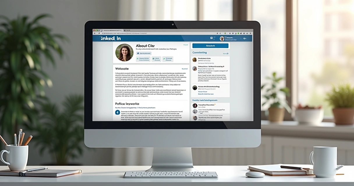 Perfil profissional do LinkedIn aberto no computador com destaque para a seção Sobre mostrando uma bio bem estruturada e otimizada
