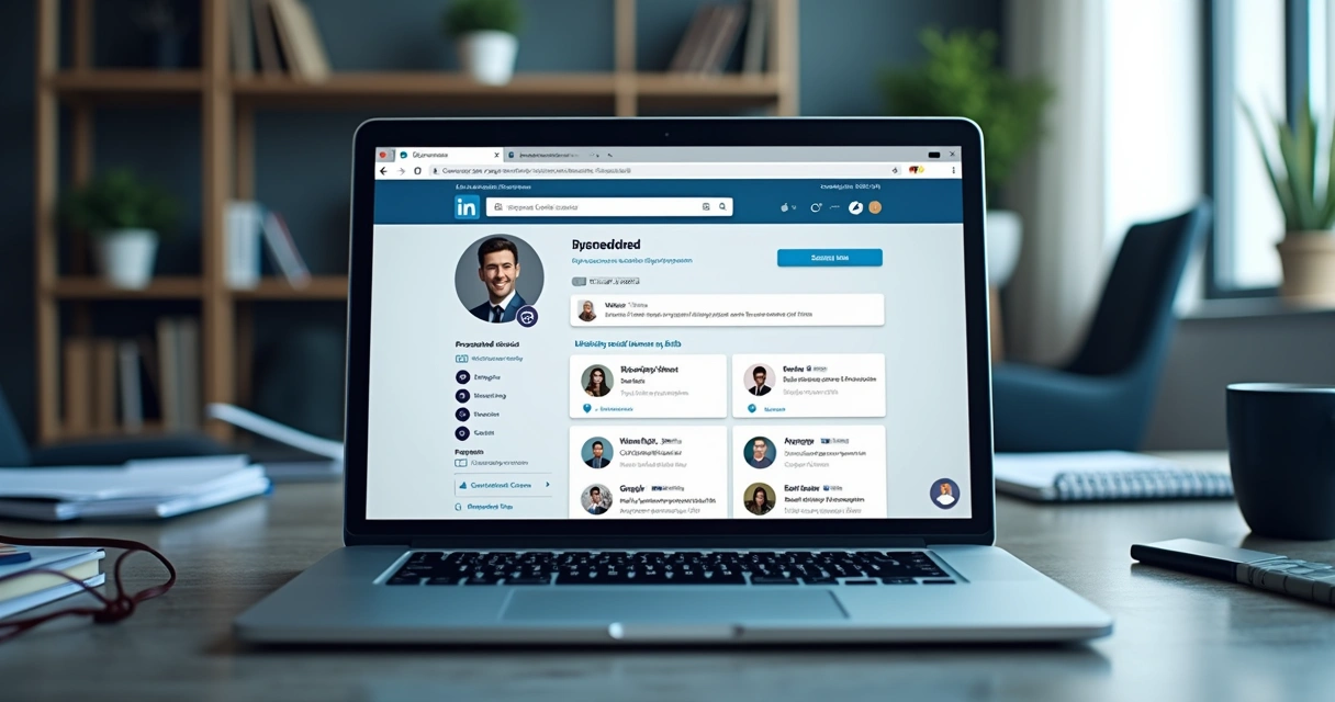 Perfil de LinkedIn visualizado em tela de notebook, mostrando foto corporativa, títulos profissionais e seções completas. 
