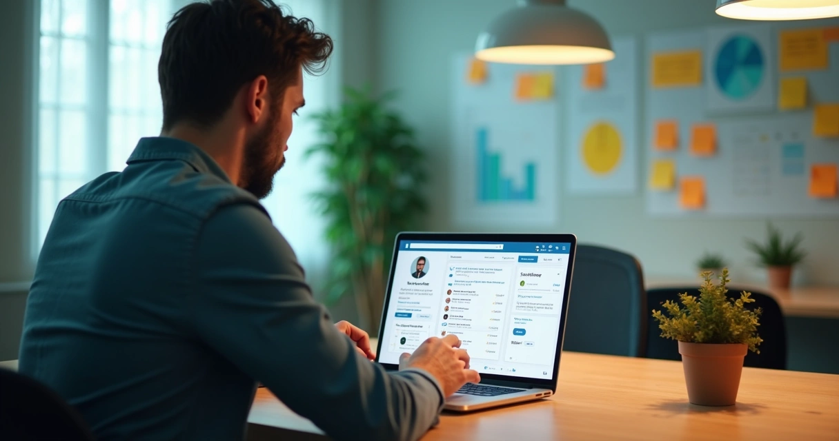 Fundador sentado em frente ao notebook, destacando seu perfil do LinkedIn na tela 
