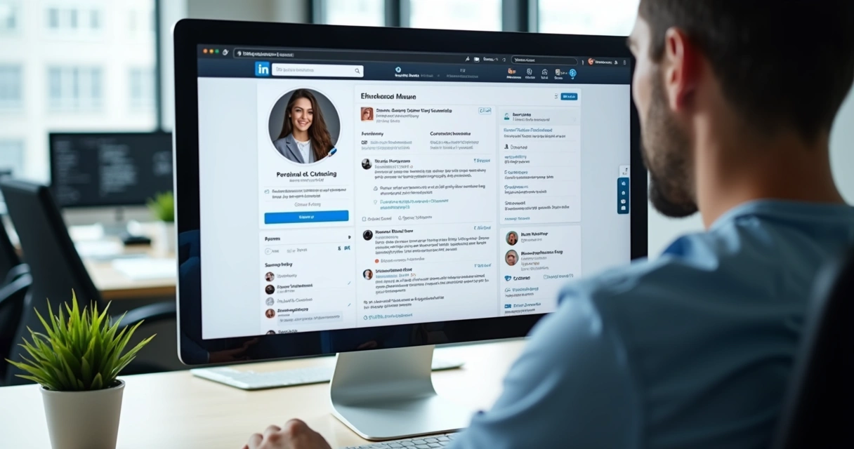 Perfil do LinkedIn otimizado com IA, mostrando foto profissional customizada, resumo chamativo e palavras-chave estratégicas 