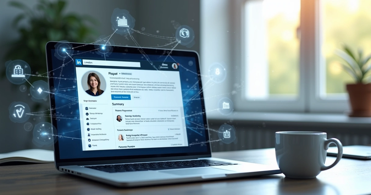 Perfil profissional moderno exibido em laptop com gráficos e conexões no fundo 