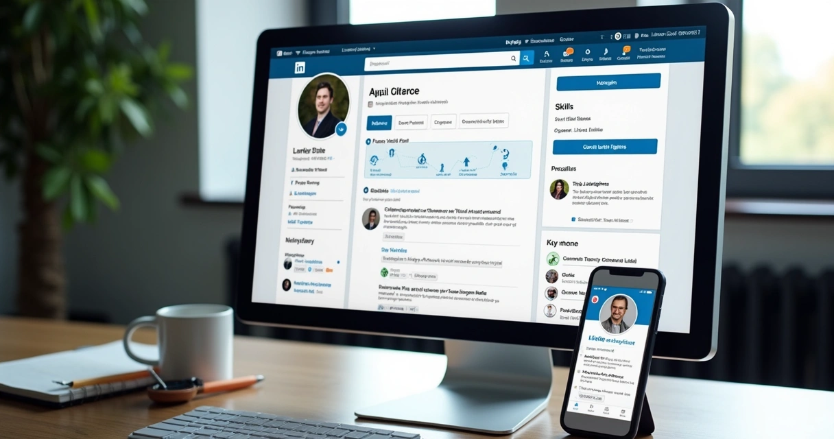 Perfil LinkedIn com destaque para informações completas, foto profissional e imagem de capa personalizada.