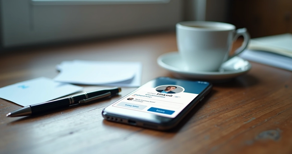Perfil profissional de LinkedIn sendo exibido em smartphone sobre mesa de madeira 