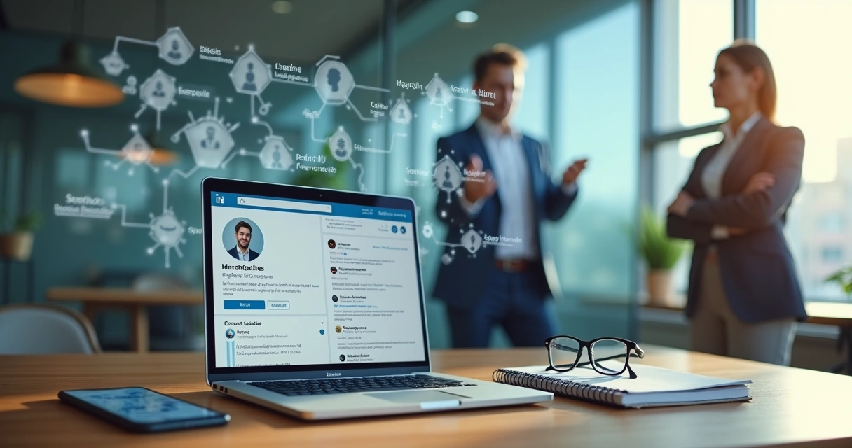 Profissional atualizando perfil do LinkedIn visto na tela enquanto interage com recrutadores 