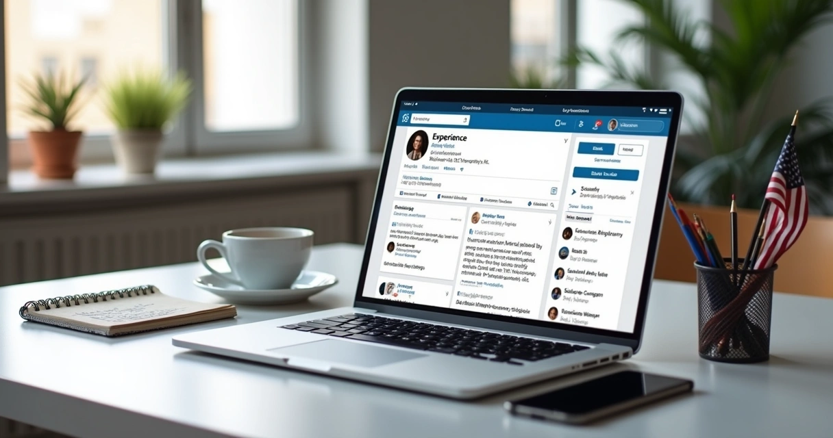 Computador aberto mostrando perfil do LinkedIn com interface em inglês e destaque para seção de experiência profissional 