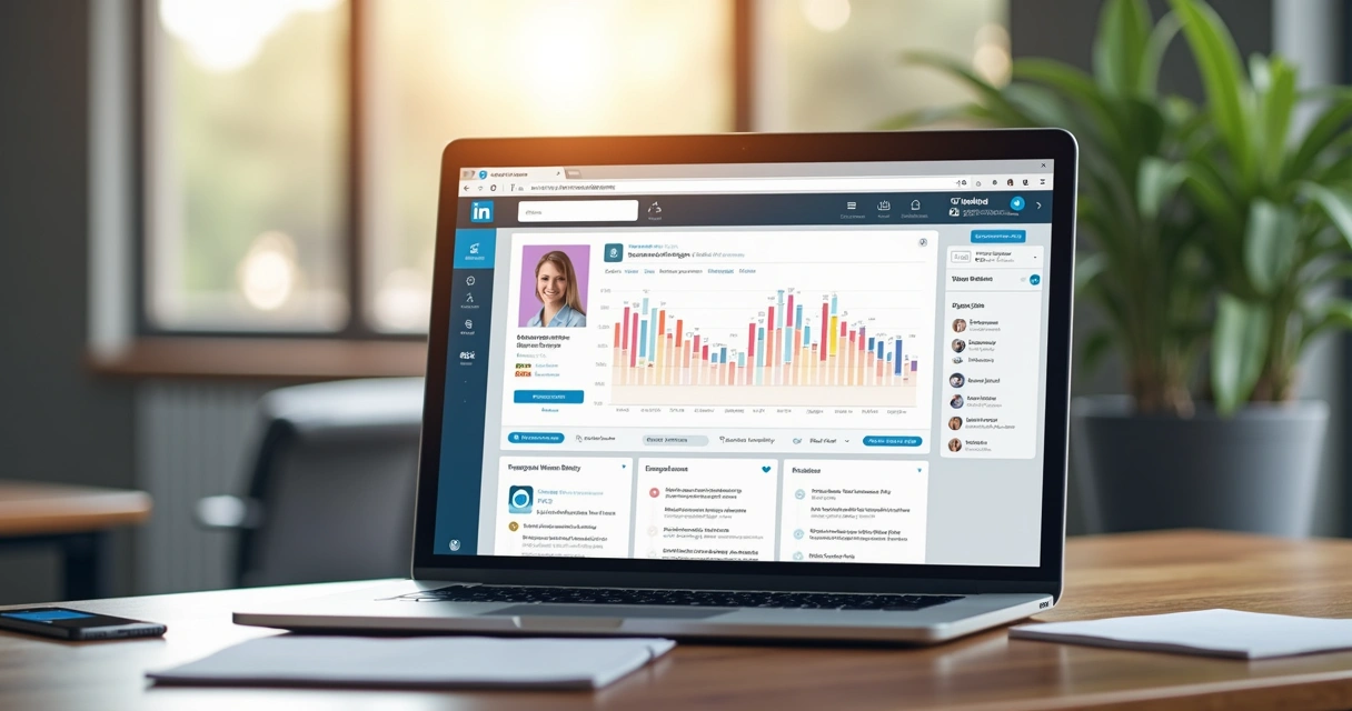 Computador mostrando perfil do LinkedIn com gráficos de análise de visualizações e dicas para otimização do perfil 