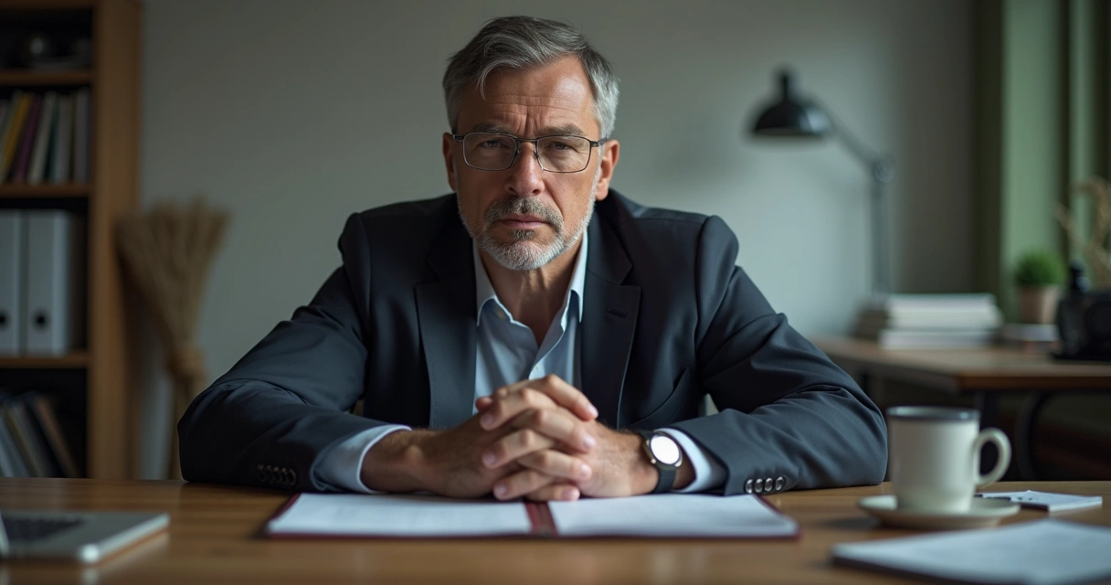 Homem de aparência reservada e semblante reflexivo sentado em ambiente de trabalho 