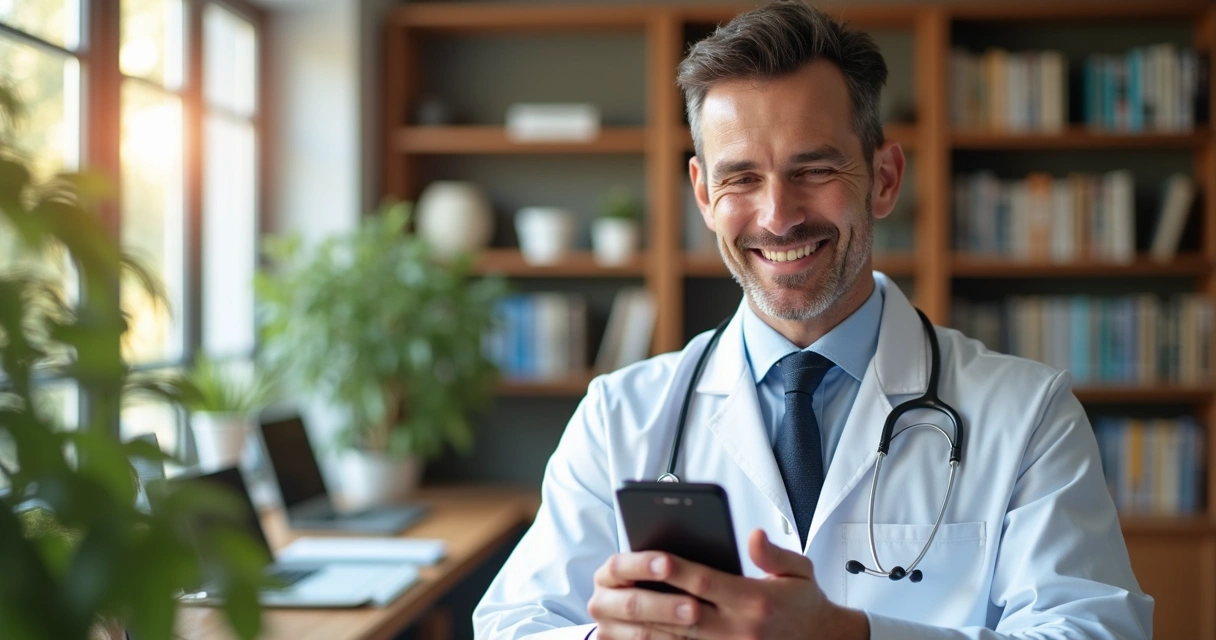 Médico sorridente em seu consultório digital gravando celular 