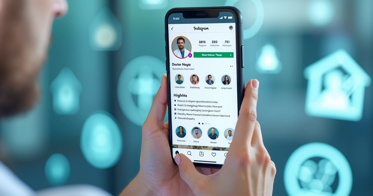 Perfil de Instagram de médico apresentando foto de jaleco, destaques organizados e informações claras na biografia. 