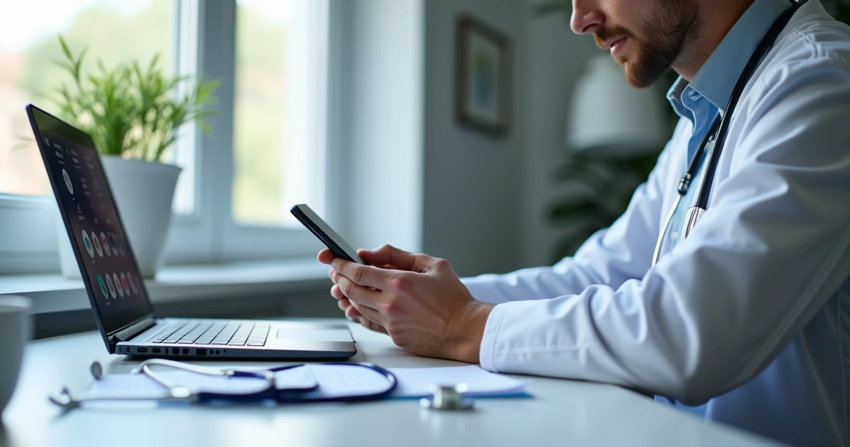 Médico usando celular ao lado de notebook com redes sociais abertas 