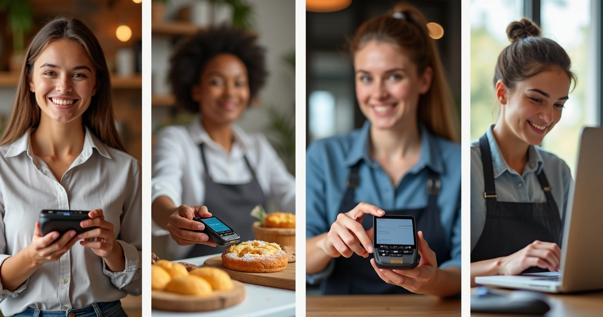 Diversos perfis de empreendedores em cenários diferentes com maquininhas 