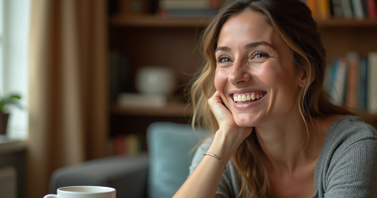 Pessoa de rosto expressivo e sorriso largo em ambiente acolhedor 