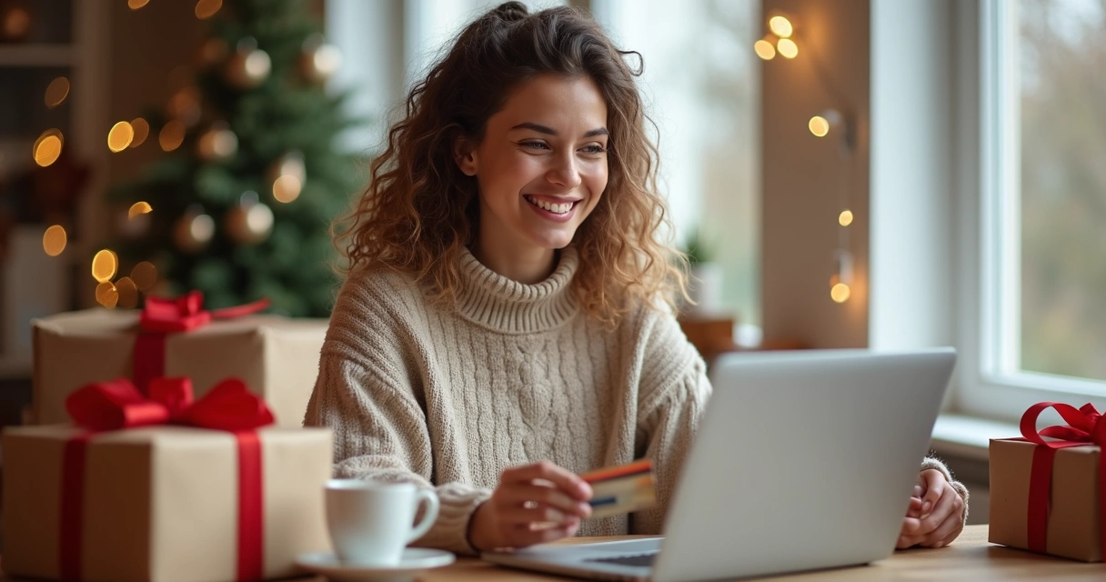 Mulher sorrindo enquanto faz compras online com cartão 