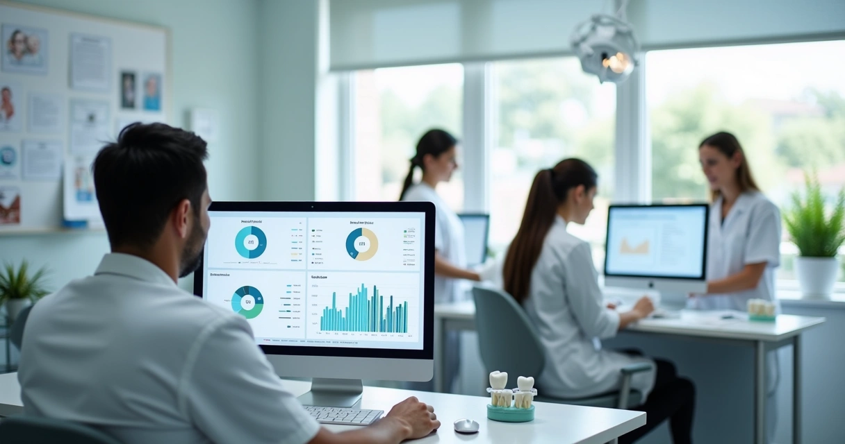 Dentista analisando dados de perfil de pacientes 