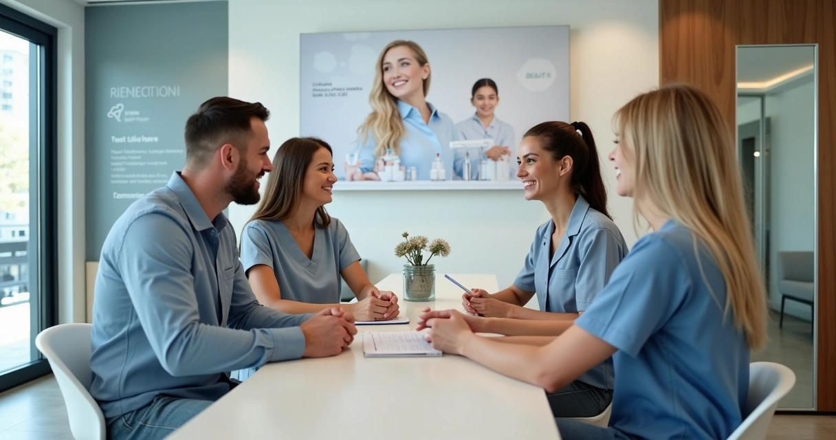 Equipe odontológica atendendo diferentes perfis de pacientes na recepção 