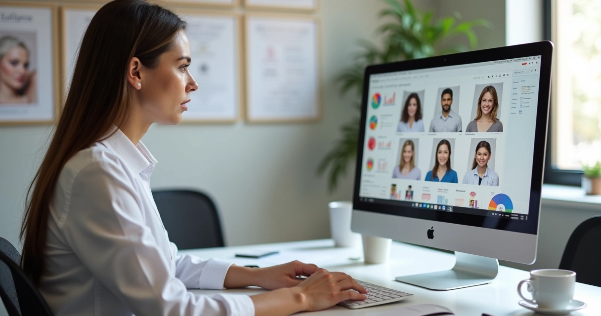 Mulher analisando perfis de pacientes em computador 