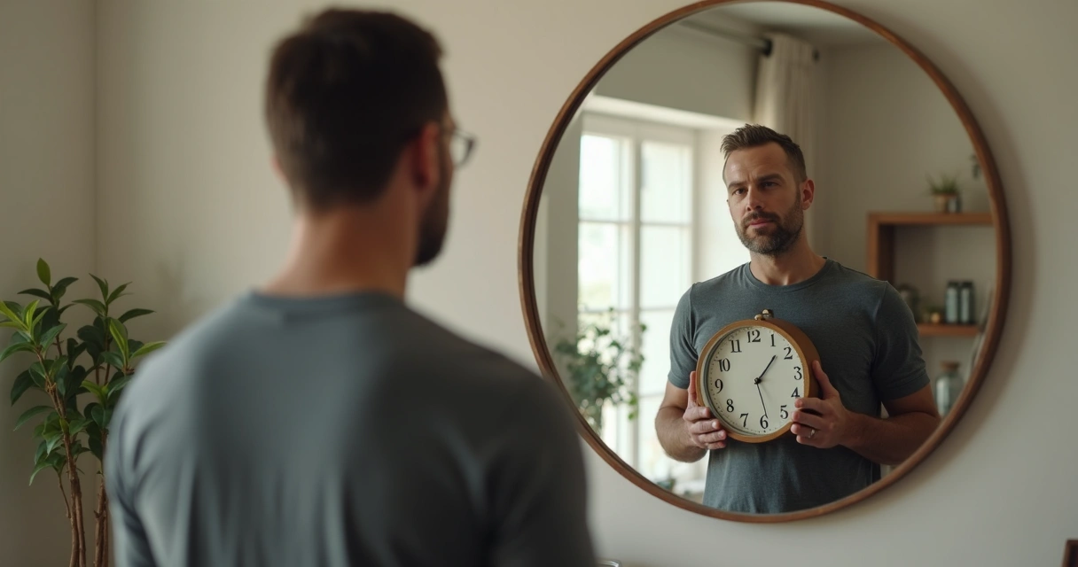 Homem olhando seu reflexo em um espelho segurando um relógio de parede 