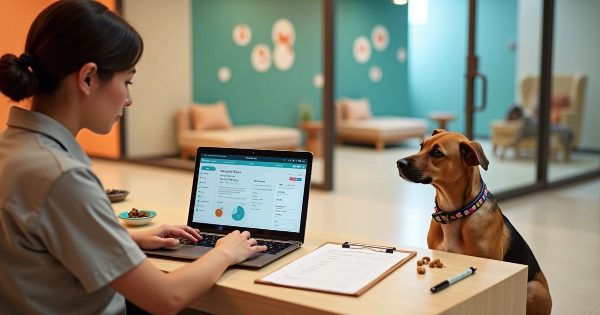 Funcionario de hotel pet preenchendo ficha detalhada de um cachorro na recepção 