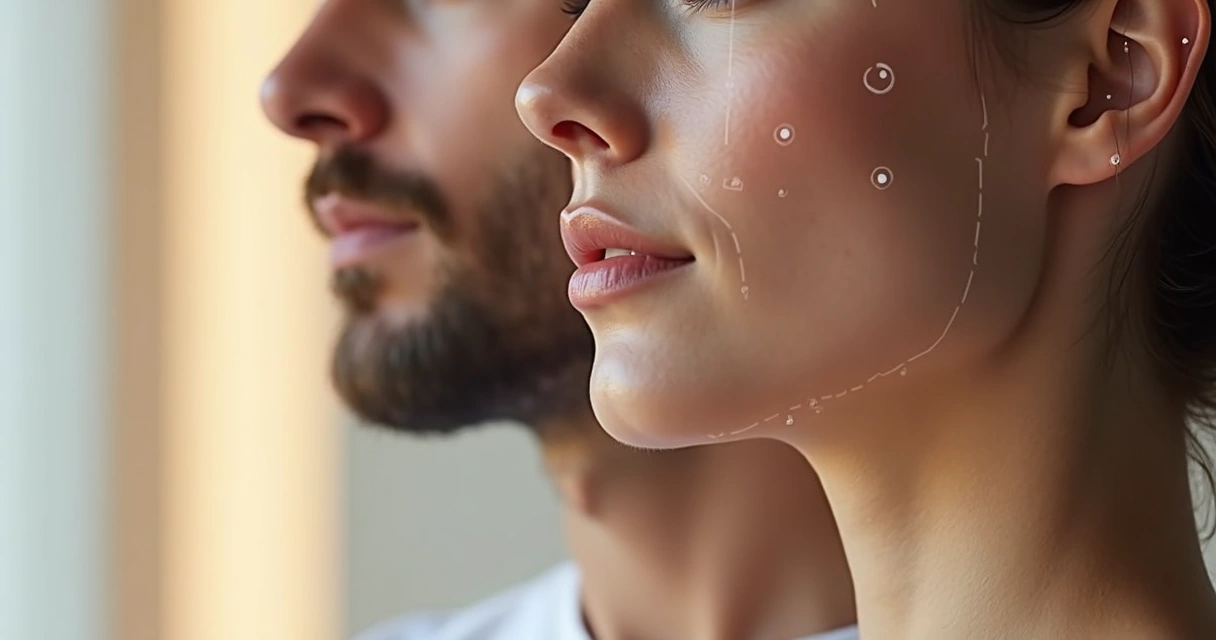 Perfil de rosto masculino e feminino mostrando contorno mandibular definido em clínica estética elegante 