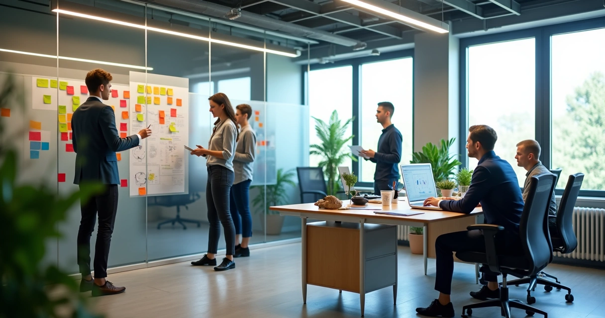 Colaboradores em atividade em diferentes áreas do escritório 