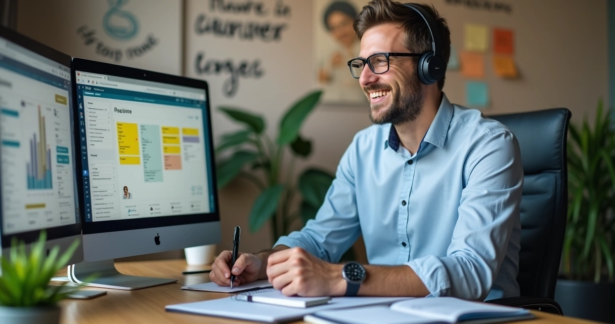Profissional focado ao telefone e computador, cercado de anotações e gráficos 