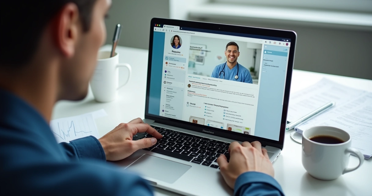 Pessoa avalia perfil de médico nas redes sociais em notebook, verificando diplomas e trajetória. 