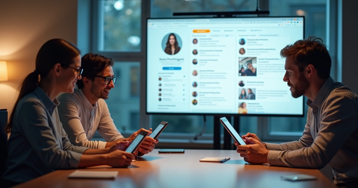 Equipe analisando e ajustando perfil de redes sociais 