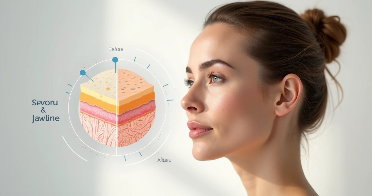 Ilustração comparando rosto com e sem flacidez facial em corte lateral 