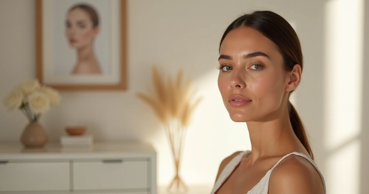 Mulher em perfil com contornos faciais definidos em consultório moderno de medicina estética 