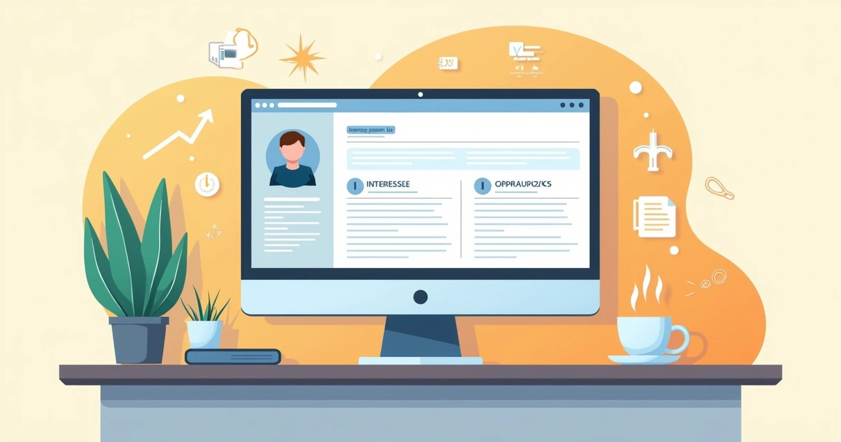 Ilustração de tela de computador com perfil preenchido para pesquisas online, com mesa organizada ao fundo.