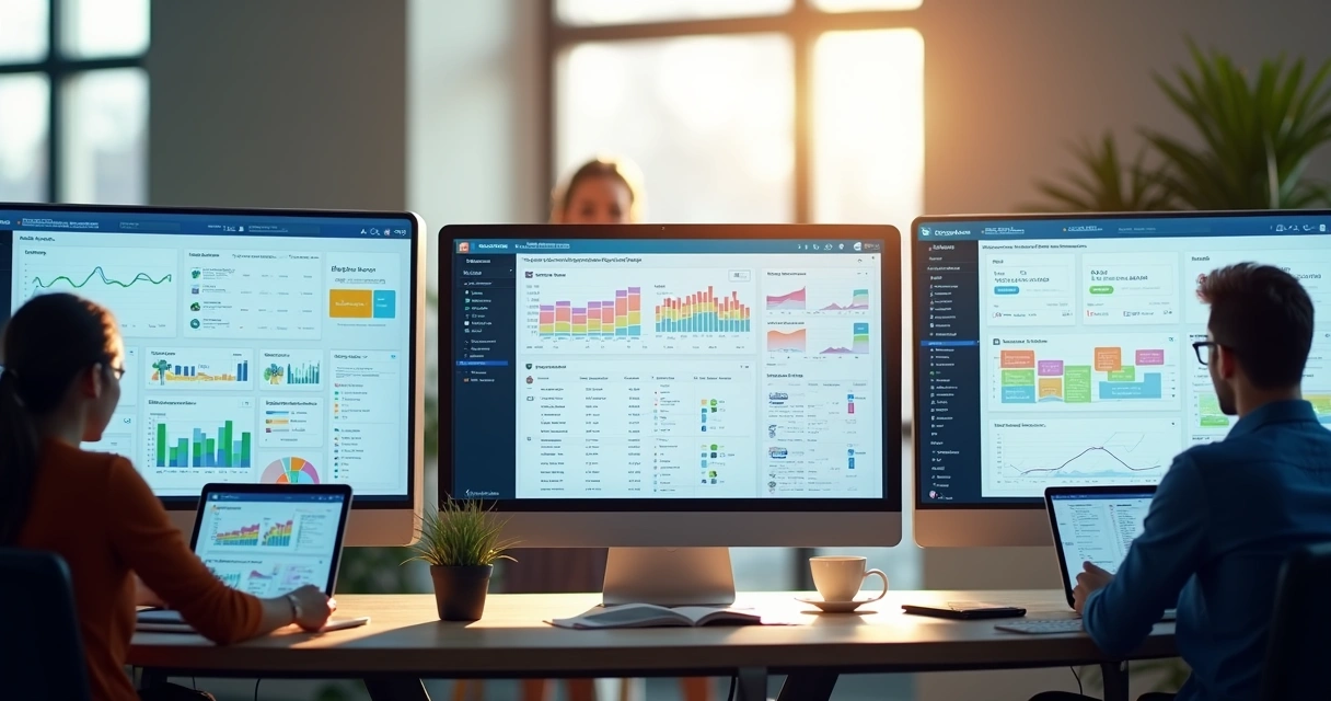 Três perfis de usuários: agência, freelancer e empresário à frente de painéis digitais com dashboards de campanhas 