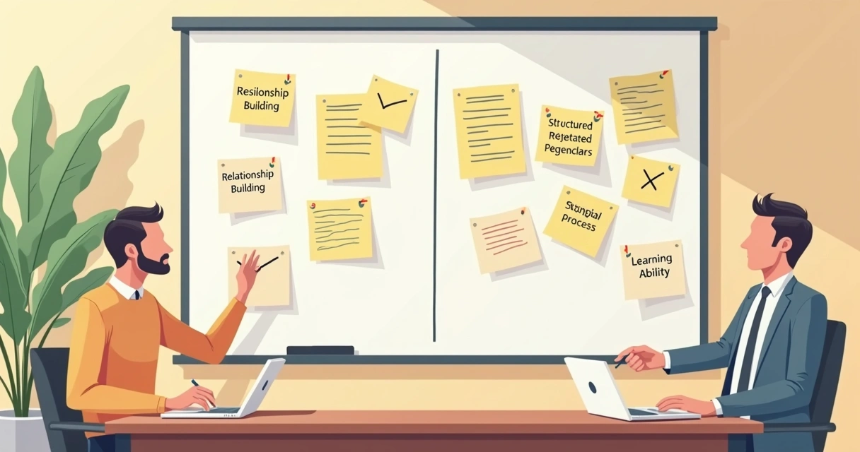 Papéis e características do perfil ideal do vendedor desenhados em um quadro branco 