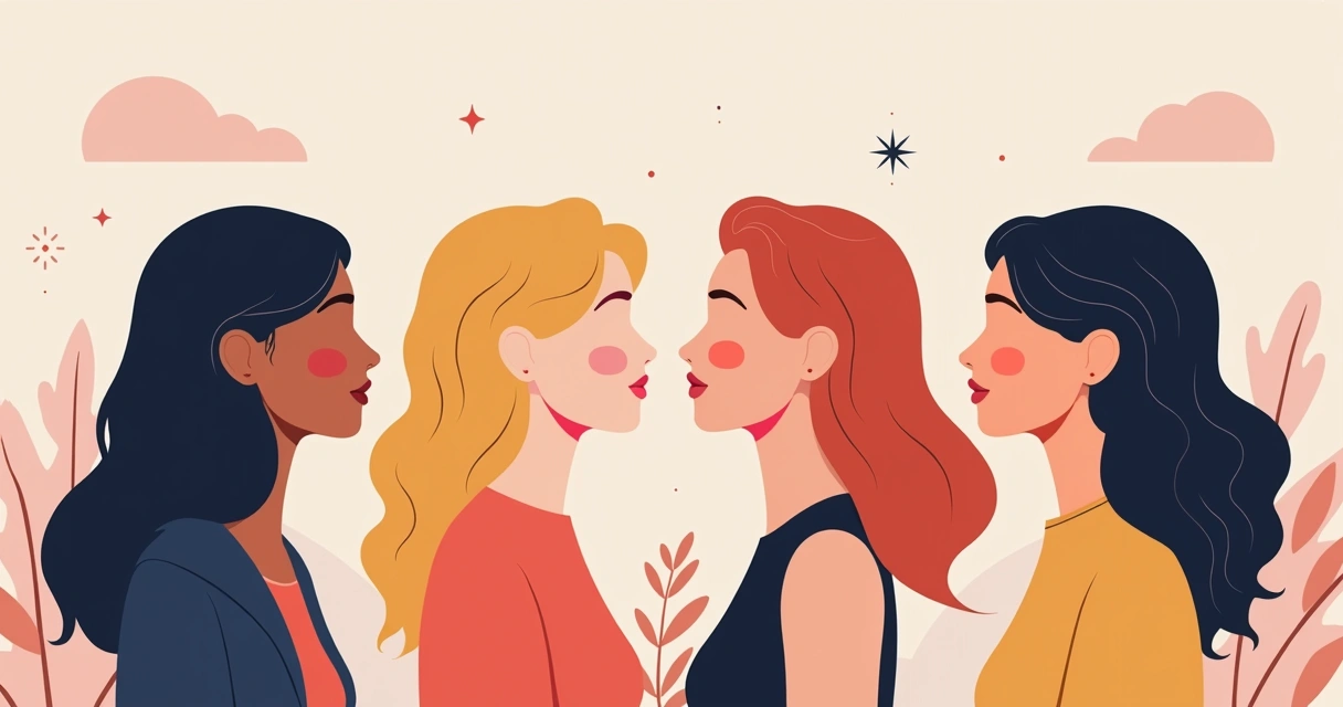 Ilustração plana corporativa com perfis femininos variados representando arquétipos de marca, cores suaves, fundo clean e elementos gráficos de design e tecnologia 